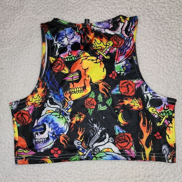 Dolls Kill Tops - NWT Dolls Kill Sexy Bad Ass Flaming Skulls Crop Top